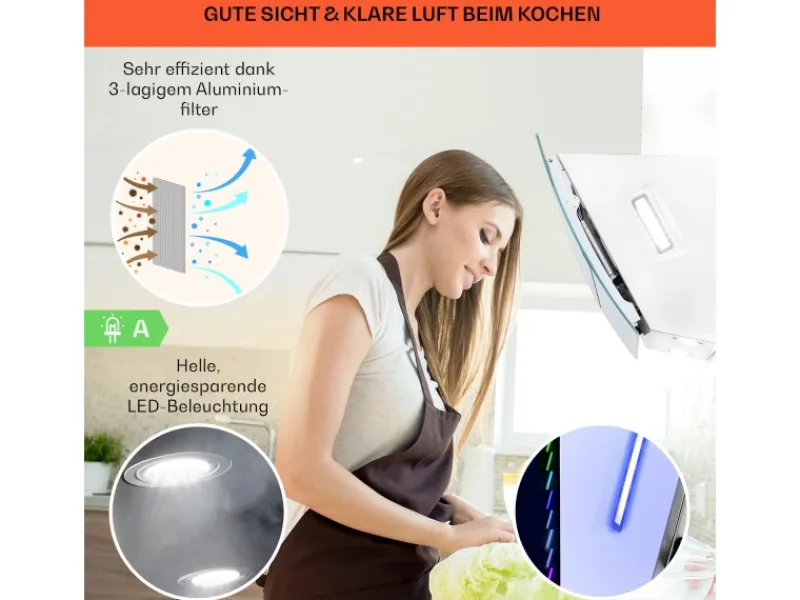 Klarstein Dunstabzugshauben-Filter|Einbauküchen<Clara 60 Dunstabzugshaube Glas 509 m³/h Touch Ambiente-Licht