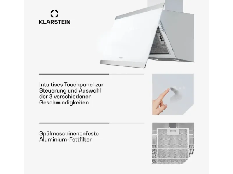 Klarstein FlashLine Dunstabzugshaube A++ 524m³/h 3 Stufen Touch LED Abluft/Umluft 100W< Dunstabzugshauben-Filter