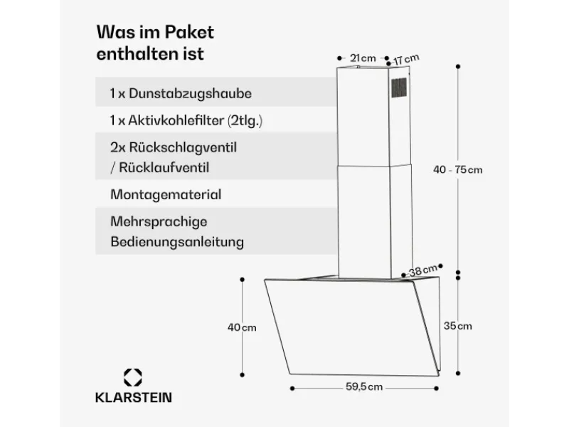 Klarstein FlashLine Dunstabzugshaube A++ 524m³/h 3 Stufen Touch LED Abluft/Umluft 100W< Dunstabzugshauben-Filter