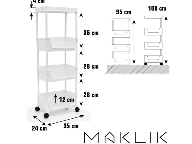 MAKLIK Küchenregale<Küchenrollwagen mit 3 Körben 35x24x100 cm Weiß