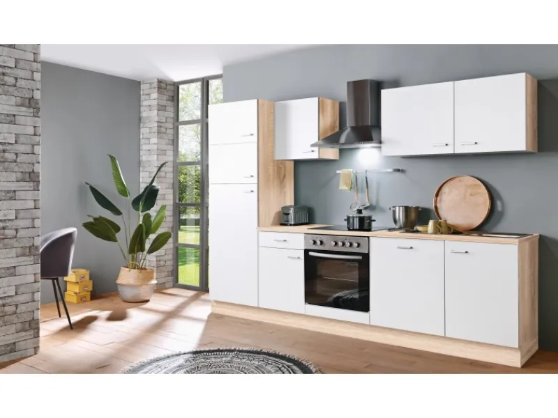 Menke Küchenzeile Classic 280 cm Weiß-Sonoma Eiche Nachbildung< Herde|Kühlschränke