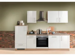 Menke Küchenzeile Premium 280 cm Hochglanz-Sonoma Eiche Nachbildung< Herde|Kühlschränke