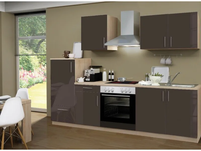 Menke Küchenzeile Premium 270 cm Lava Hochglanz-Sonoma Eiche Nachbildung< Kühlschränke|Einbauküchen
