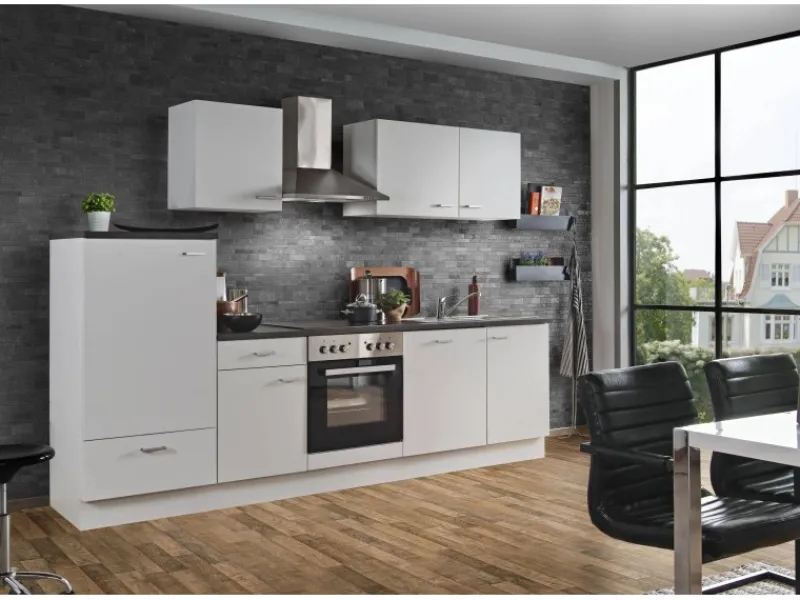 Menke Küchenzeile White Classic 280 cm Weiß-Marmor-Optik< Kochfelder|Kühlschränke