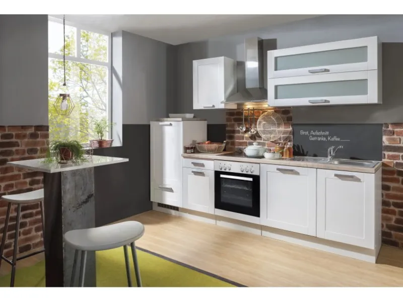 Landhausküchen|Einbauküchen<Menke Küchenzeile White Premium Landhaus 270 cm Lacklaminat Weiß Matt-Asteiche