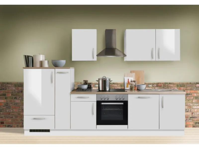 Clearance Menke Küchenzeile White Premium 310 cm Lack Weiß Hochglanz-Asteiche Nachbildung