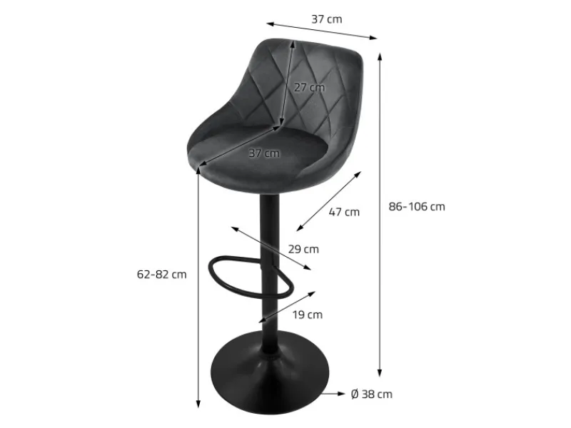 Hot ML-Design Barhocker 4Er Set aus Samt Grau mit Rückenlehne Drehbar Grau-Schwarz