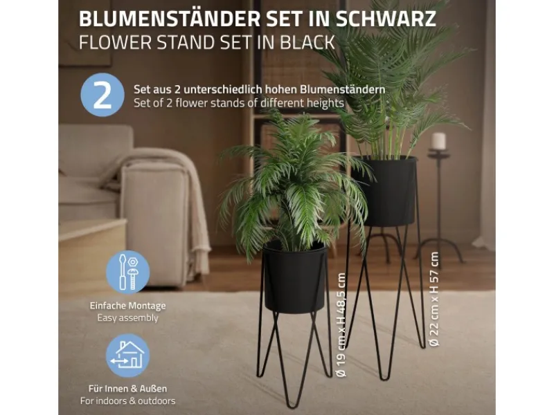 Hot ML-Design Blumenständer 2Er Set Schwarz 27x27x48,5 cm 35,5x34x75 cm aus Stahl