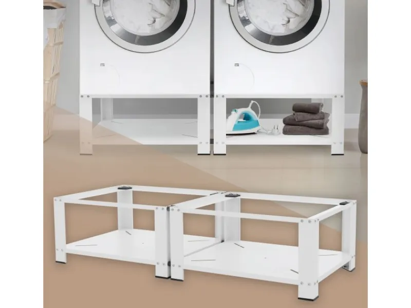ML-Design Doppel Waschmaschinen Untergestell mit 2 Ablagen Weiß 128x54 cm Stahl< Waschmaschinen