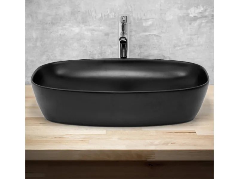 ML-Design Waschbecken aus Keramik Schwarz 605x385x140 mm Abgerundeten Ecken< Einhebelmischer