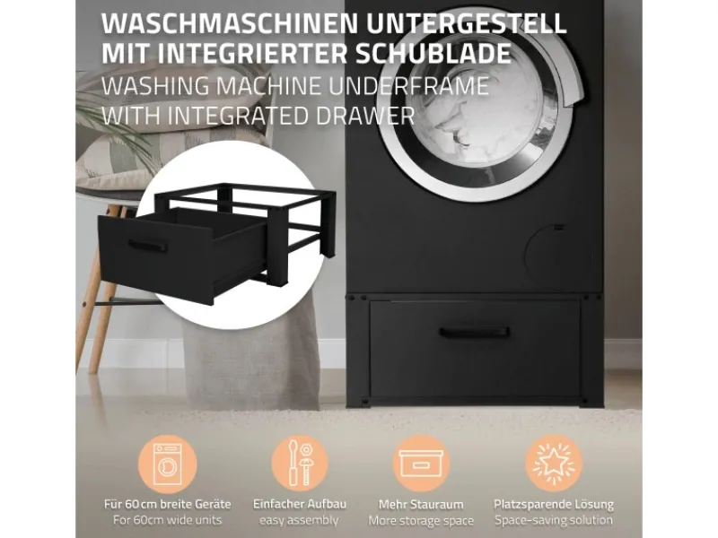 ML-Design Waschmaschinen Untergestell mit Schublade 63x54cm Stahl Schwarz 150kg< Waschmaschinen