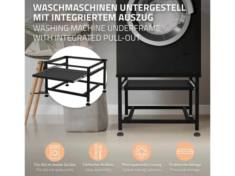 ML-Design Waschmaschinen<Waschmaschinen Untergestell mit Ausziehbarer Ablage Schwarz aus Stahl