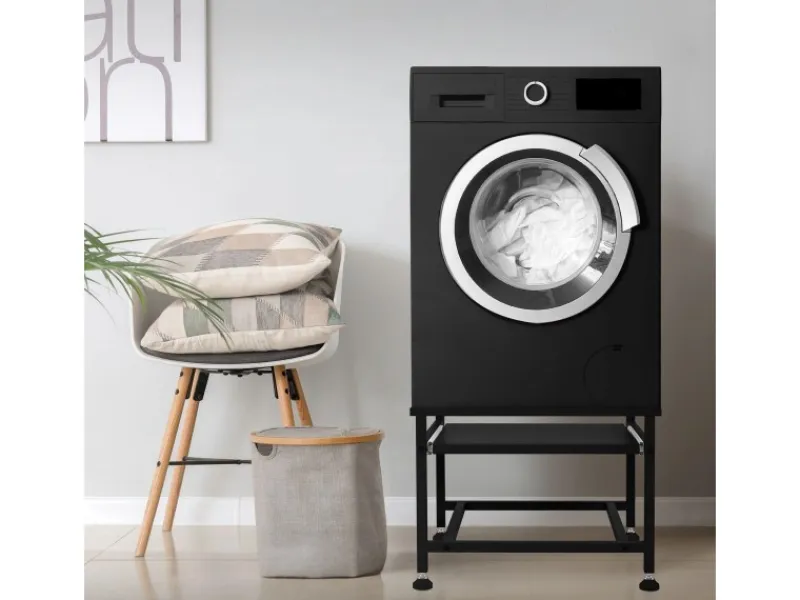 ML-Design Waschmaschinen<Waschmaschinen Untergestell mit Ausziehbarer Ablage Schwarz aus Stahl