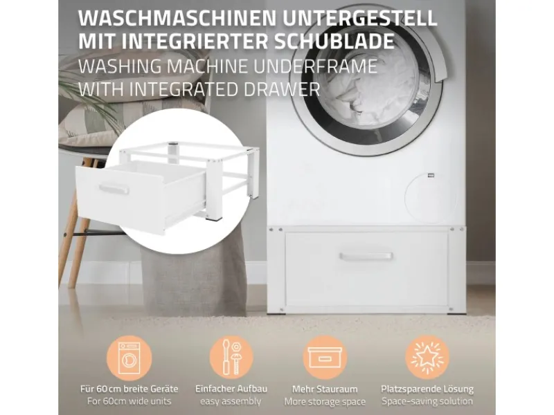 ML-Design Waschmaschinen Untergestell mit Schublade 63x54cm Stahl Weiß bis 150kg< Waschmaschinen