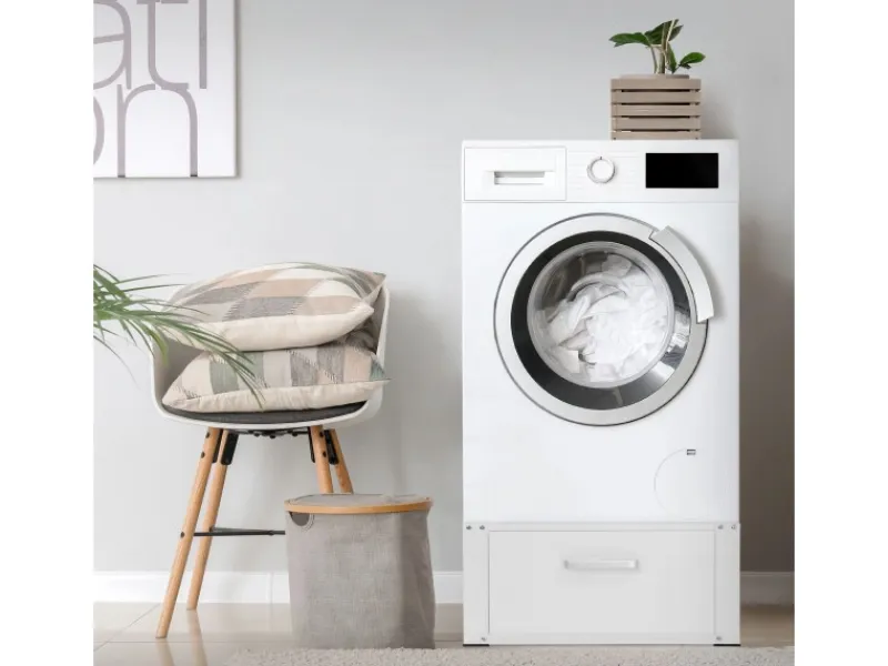 ML-Design Waschmaschinen Untergestell mit Schublade 63x54cm Stahl Weiß bis 150kg< Waschmaschinen