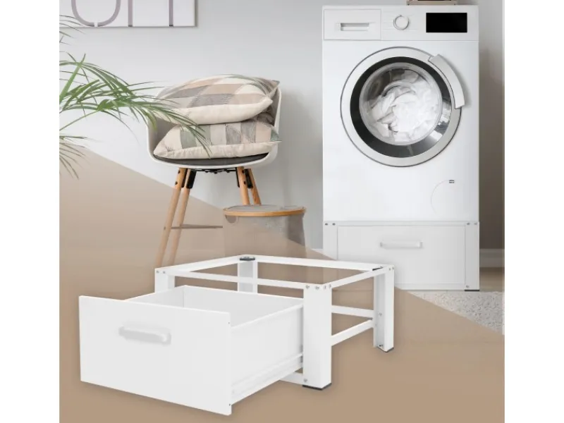 ML-Design Waschmaschinen Untergestell mit Schublade 63x54cm Stahl Weiß bis 150kg< Waschmaschinen