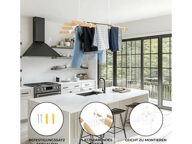 Monstershop 0.9m Weißfarbener 6-Latten-Wäscheständer mit Deckenrollen< Wäschetrockner