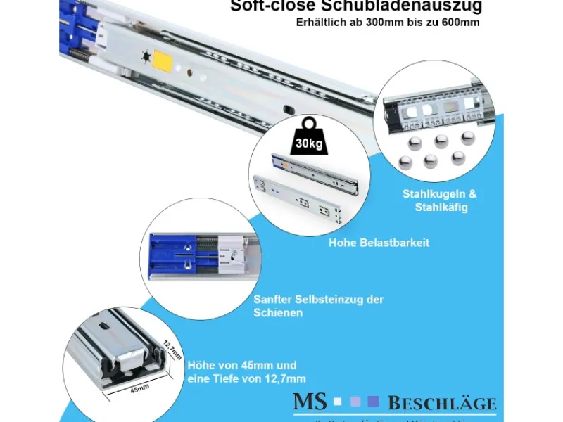 Outlet MS Beschläge Schubladenauszug 1 Paar SoftClose 550 mm 30 KG Schiene