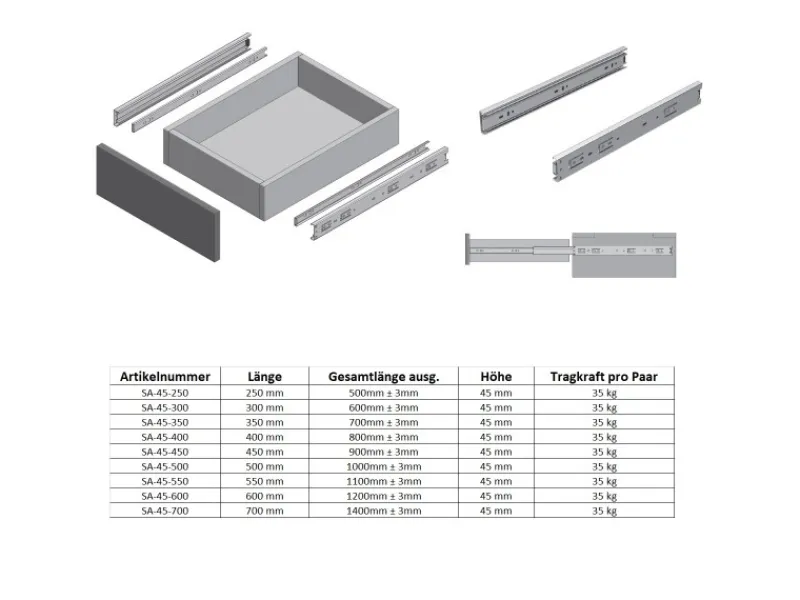 Küchenschränke<MS Beschläge Schubladenauszug Vollauszug Verzinkt 300 mm Höhe 45 mm