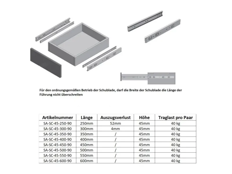 Clearance MS Beschläge Schubladenauszug Schwarz Vollauszug 30 KG 500 mm