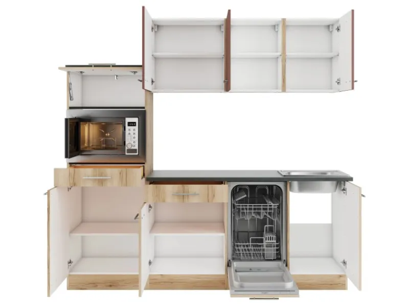 Optifit Winkelküchen<Bari407/Livorno290 Küchenzeile 210 cm Rostrot / Wildeiche Nachbildung
