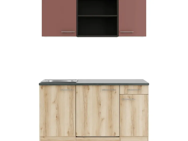 Optifit Miniküchen|Kühlschränke<Bari407/Livorno290 Miniküche 150 cm Rostrot / Wildeiche Nachbildung