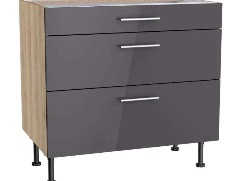 Optifit Küchenschränke<Küchen-Unterschrank mit 3 Auszügen Jonte984 90 cm Anthrazit-Wildeiche