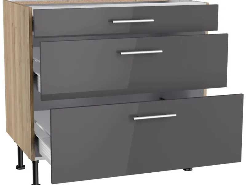 Optifit Küchenschränke<Küchen-Unterschrank mit 3 Auszügen Jonte984 90 cm Anthrazit-Wildeiche