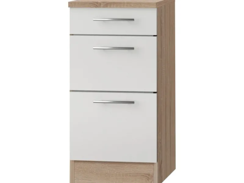 Outlet Optifit Küchen-Unterschrank mit 3 Auszügen Dakar286 40x84,6x60cm Weiß-Eiche