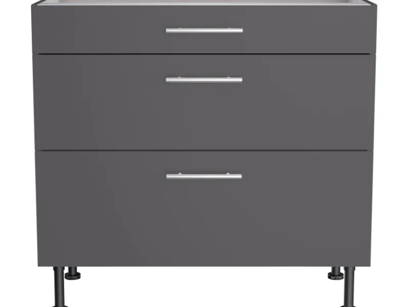 Optifit Küchen-Unterschrank mit 3 Auszügen Ingvar420 90 cm Anthrazit Matt< Küchenschränke