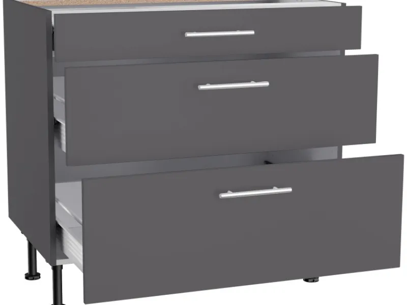 Optifit Küchen-Unterschrank mit 3 Auszügen Ingvar420 90 cm Anthrazit Matt< Küchenschränke