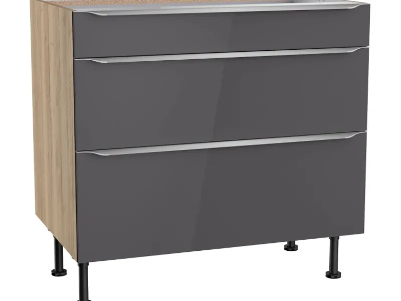 Optifit Küchenschränke<Küchen-Unterschrank mit 3 Auszügen Linus984 90 cm Anthrazit-Wildeiche