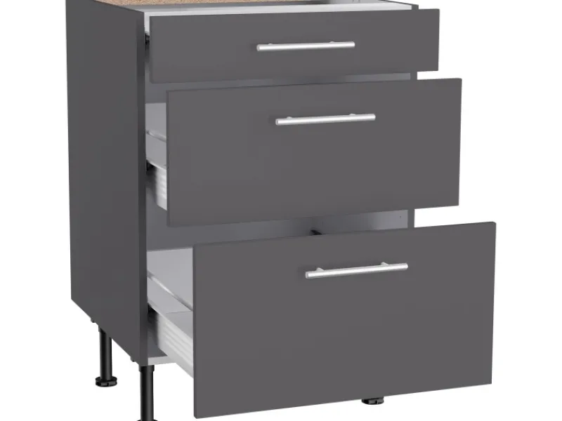 Outlet Optifit Küchen-Unterschrank mit 3 Auszügen Ingvar420 60 cm Anthrazit Matt