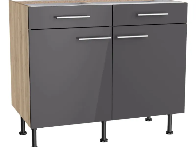 Clearance Optifit Küchen-Unterschrank Jonte984 100cm x 87cm x 58,4cm Anthrazit-Wildeiche