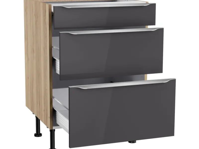Optifit Küchen-Unterschrank mit 3 Auszügen Linus984 60 cm Anthrazit-Wildeiche< Küchenschränke