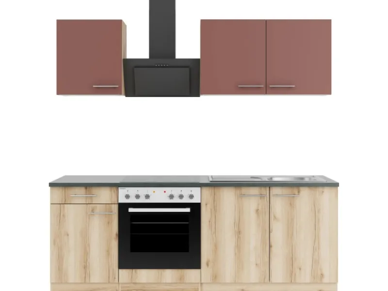 Optifit Küchenzeile KPBL 2136OE-9+ o. E-Geräte Rostrot/Wildeiche Nb. 210cm< Herde
