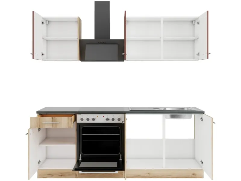 Optifit Küchenzeile KPBL 2136OE-9+ o. E-Geräte Rostrot/Wildeiche Nb. 210cm< Herde