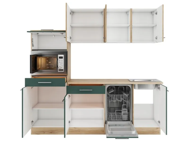 Optifit Küchenzeile KPLS 2181-9+ Liv.290/Sav.405 Wildeiche Nb./Steingrün 210cm< Winkelküchen