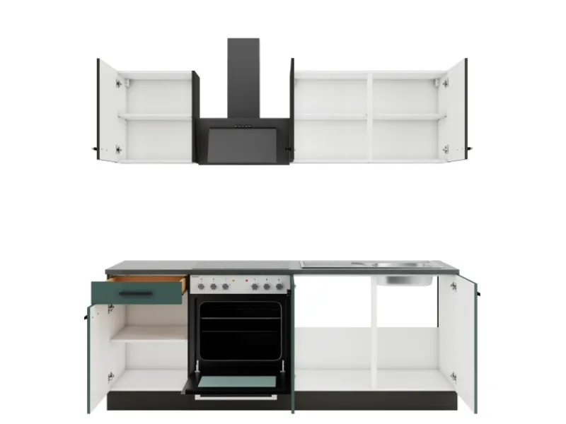 Optifit Herde|Kochfelder<Küchenzeile KPMV 2136-9+ Madrid420/Verona405 Anthrazit/ Steingrün 210 cm
