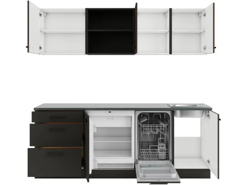 Optifit Einbauküchen<Küchenzeile KPRM2199ROE-9+ Rim/Madr o. E-Ger. Rillen Nussb./Anthr. 210cm