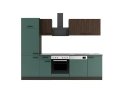 Optifit Kühlschränke|Einbauküchen<Küchenzeile KPRV2702OE-9+ Rim/Ver o. E-Ger. Rillen Nussb./Steingr. 270cm