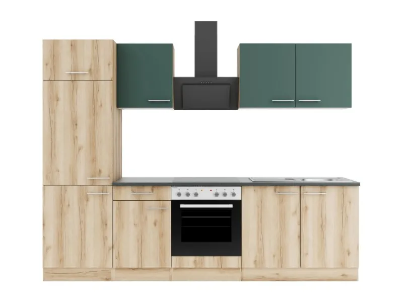 Optifit Küchenzeile KPSL 2711OE-9+ Sav/Li o. E-Ger. Steingr./Wildeiche Nb. 270cm< Herde|Kühlschränke