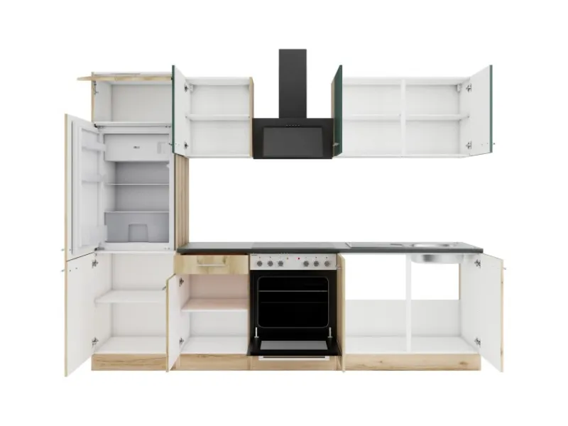 Optifit Küchenzeile KPSL 2711OE-9+ Sav/Li o. E-Ger. Steingr./Wildeiche Nb. 270cm< Herde|Kühlschränke