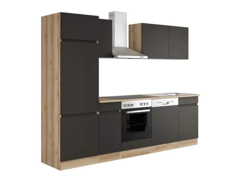 Optifit Herde|Winkelküchen<Küchenzeile OPTIkombi Noah420 mit E-Geräten 270 cm Anthrazit/Wildeiche