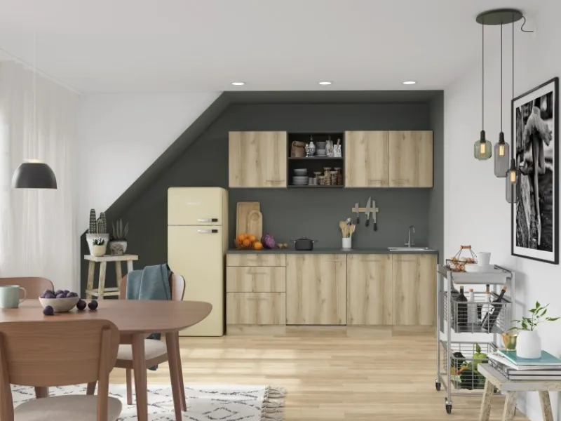 Optifit Livorno290 Küchenzeile 210 cm ohne E-Geräte Wildeiche Nachbildung< Kühlschränke