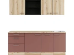 Optifit Livorno290/Bari407 Küchenzeile 210 cm Wildeiche Nachbildung / Rostrot< Winkelküchen