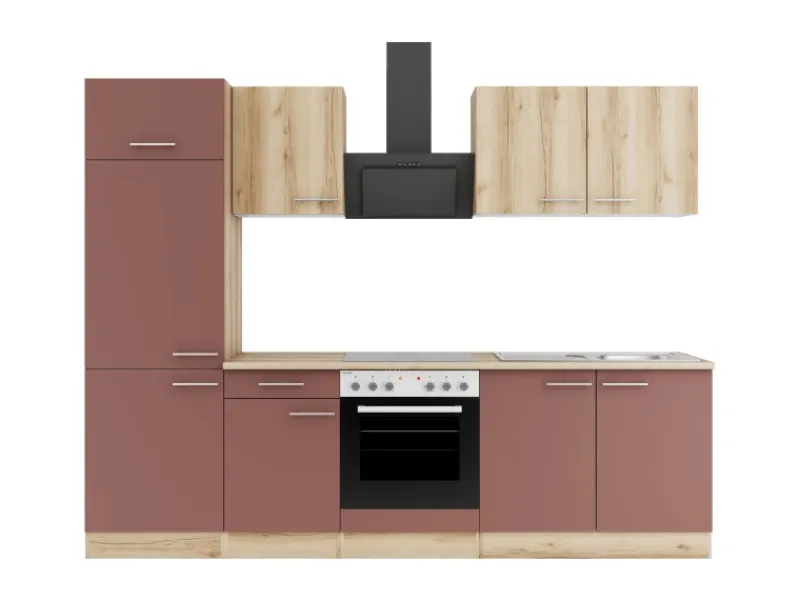 Optifit Kochfelder|Kühlschränke<Livorno290/Bari407 Küchenzeile 270 cm Wildeiche Nachbildung / Rostrot