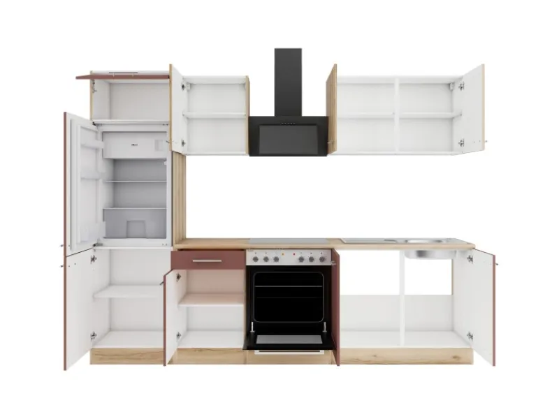 Optifit Kochfelder|Kühlschränke<Livorno290/Bari407 Küchenzeile 270 cm Wildeiche Nachbildung / Rostrot