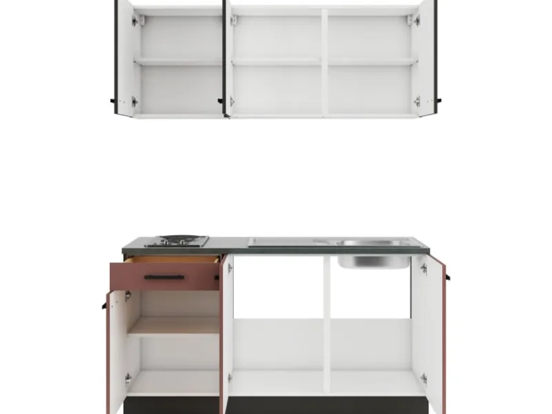 Hot Optifit Madrid420/Nizza407 Miniküche 150 cm Anthrazit / Rostrot