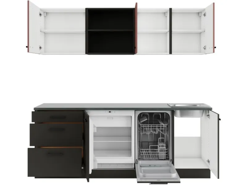 Optifit Nizza407/Madrid420 Küchenzeile 210 cm Rostrot / Anthrazit< Kühlschränke|Winkelküchen